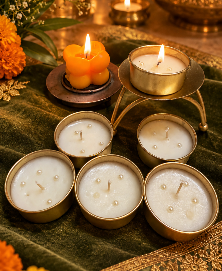 Gold Glow T-Light Urli – Set of 3 Scented Soy Wax Candles in Golden Cups for Festive Décor & Gifting