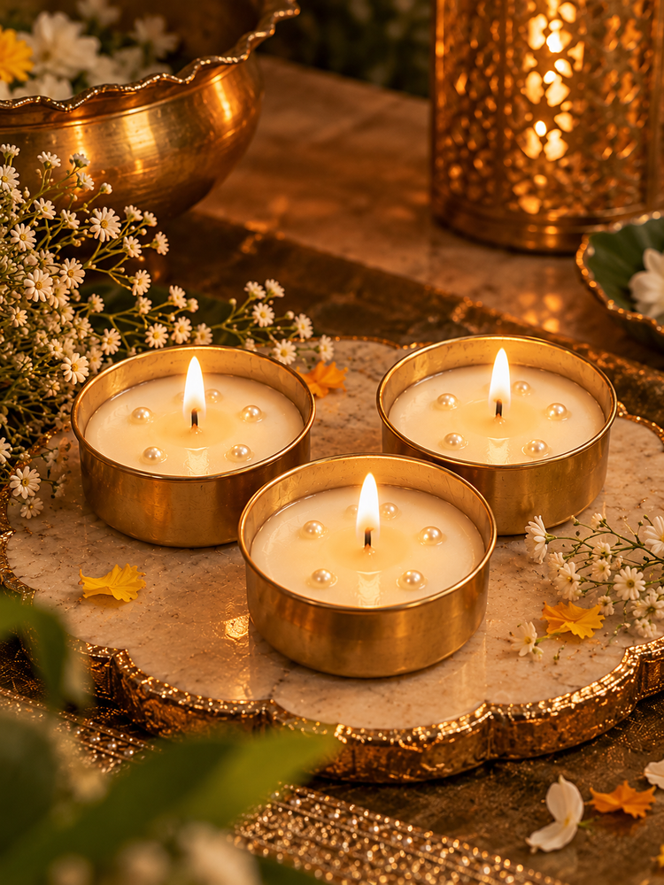 Gold Glow T-Light Urli – Set of 3 Scented Soy Wax Candles in Golden Cups for Festive Décor & Gifting