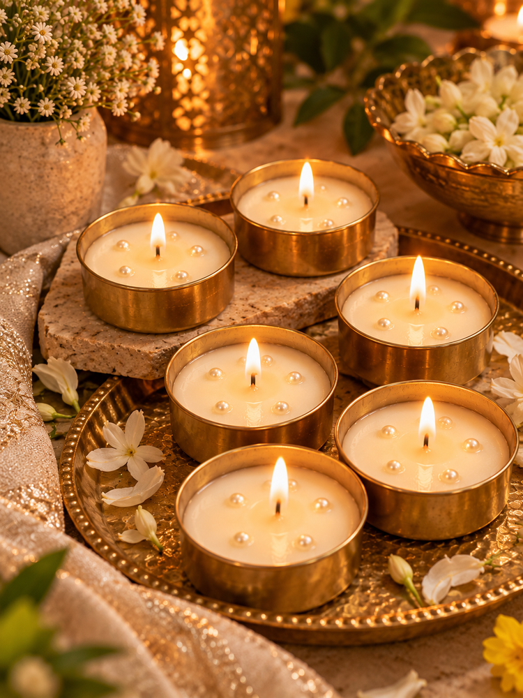 Gold Glow T-Light Urli – Set of 3 Scented Soy Wax Candles in Golden Cups for Festive Décor & Gifting