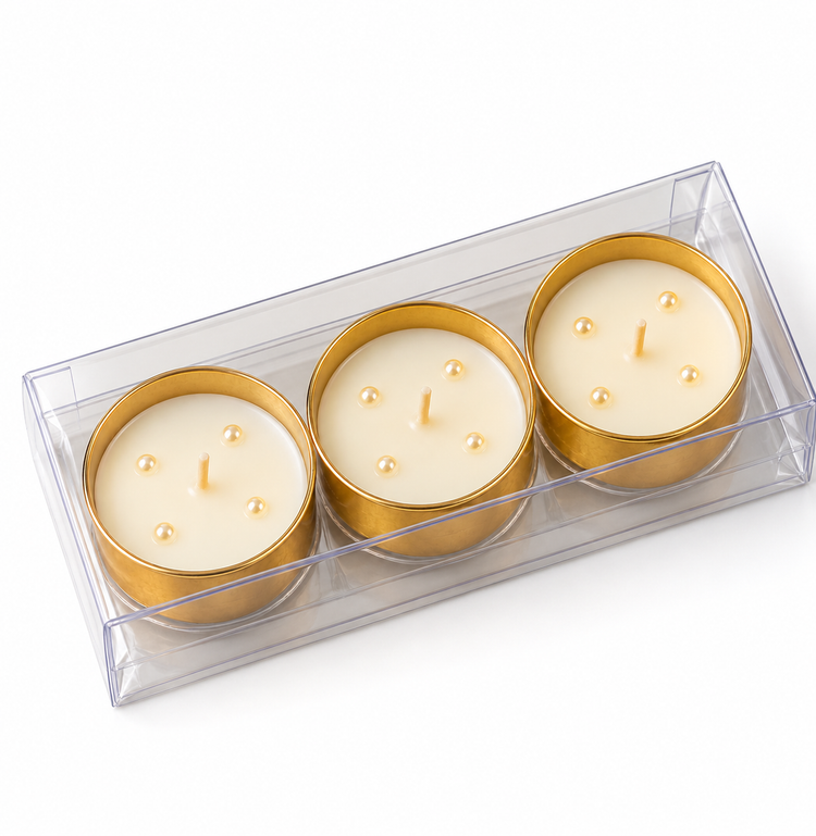 Gold Glow T-Light Urli – Set of 3 Scented Soy Wax Candles in Golden Cups for Festive Décor & Gifting