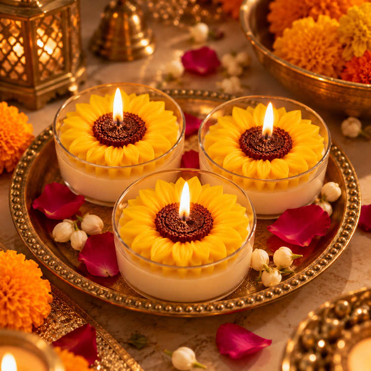 Sunflower Jumbo Tealight Candles Pack of 3 – Scented Soy Wax Flower Candles for Diwali Décor, Festive Gifting & Home Decoration