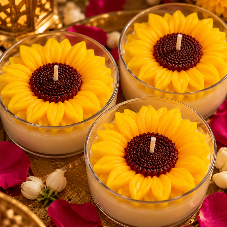 Sunflower Jumbo Tealight Candles Pack of 3 – Scented Soy Wax Flower Candles for Diwali Décor, Festive Gifting & Home Decoration