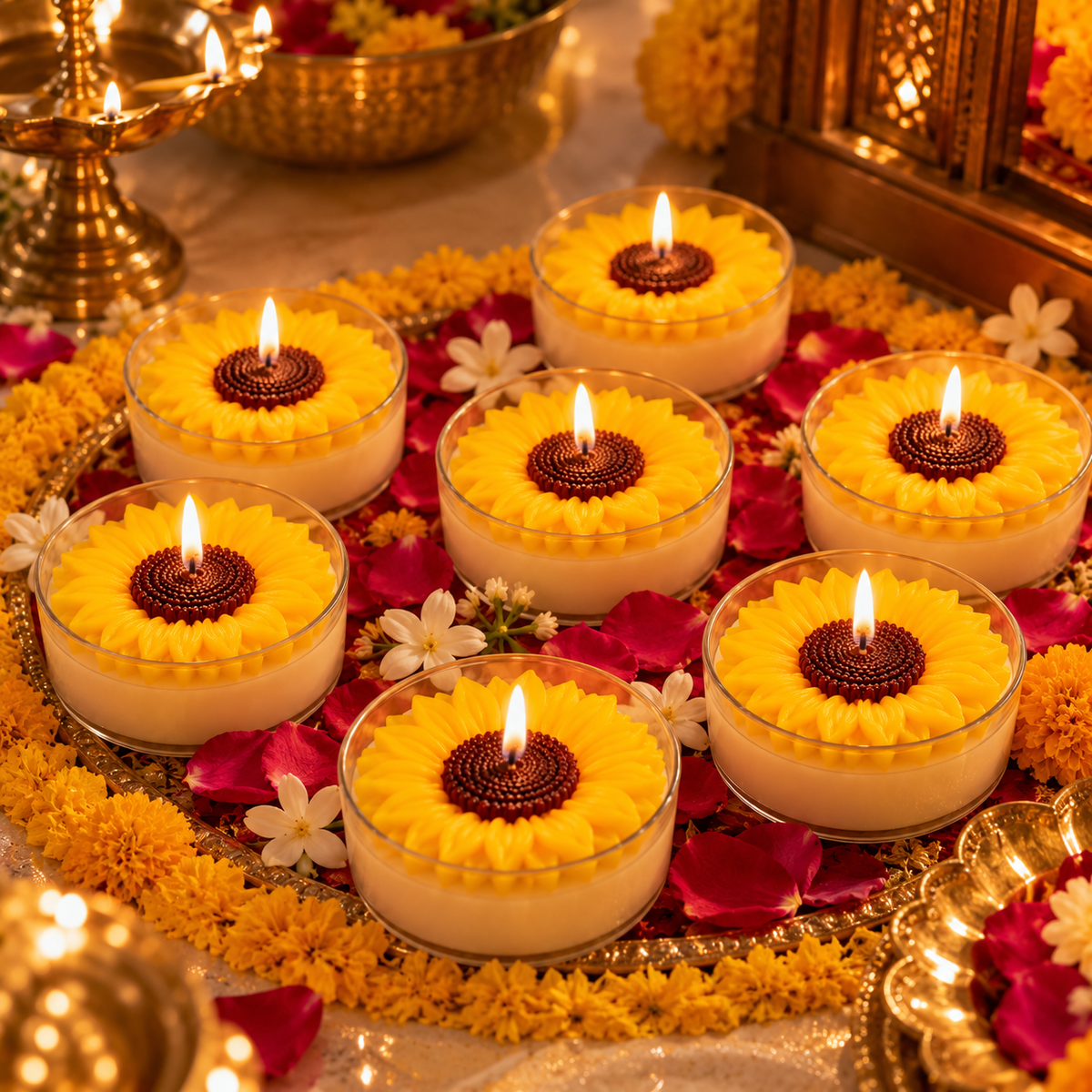 Sunflower Jumbo Tealight Candles Pack of 3 – Scented Soy Wax Flower Candles for Diwali Décor, Festive Gifting & Home Decoration