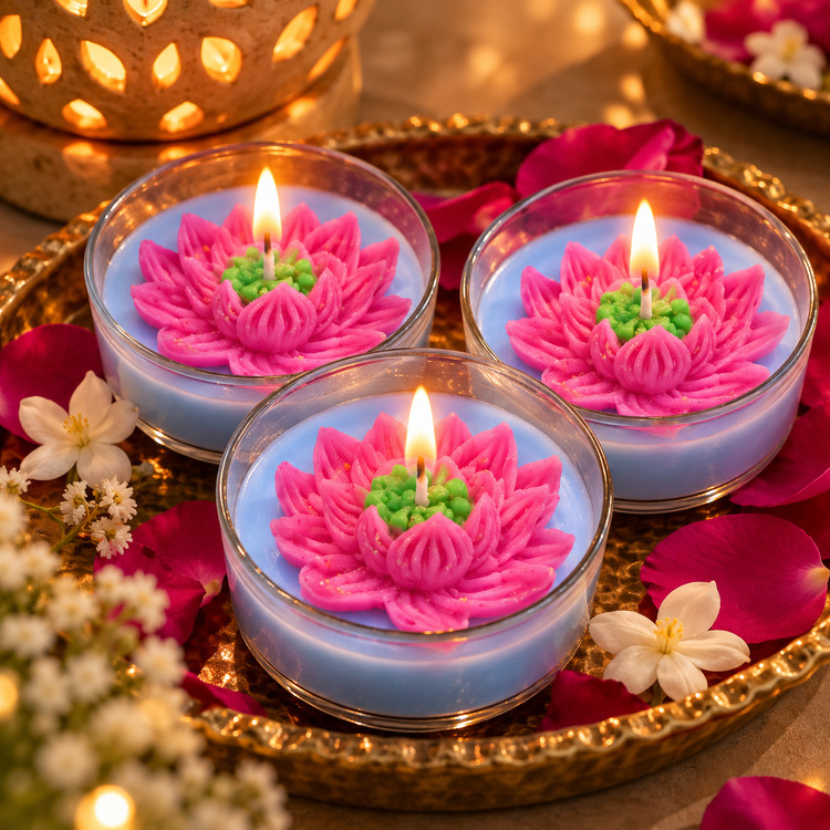 Lotus Jumbo Tealight Candle Pack of 3 – Pink Lotus Flower Scented Candles for Diwali Décor, Pooja & Festive Gifting