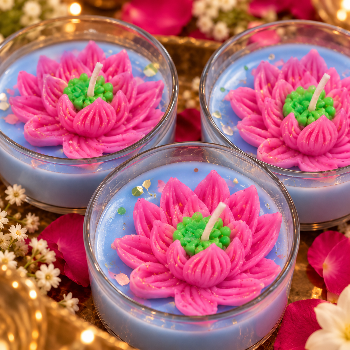 Lotus Jumbo Tealight Candle Pack of 3 – Pink Lotus Flower Scented Candles for Diwali Décor, Pooja & Festive Gifting