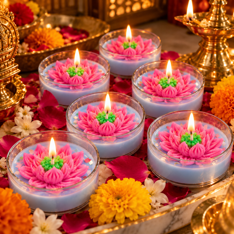 Lotus Jumbo Tealight Candle Pack of 3 – Pink Lotus Flower Scented Candles for Diwali Décor, Pooja & Festive Gifting