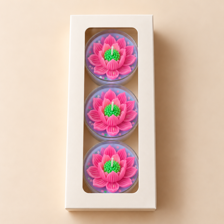 Lotus Jumbo Tealight Candle Pack of 3 – Pink Lotus Flower Scented Candles for Diwali Décor, Pooja & Festive Gifting