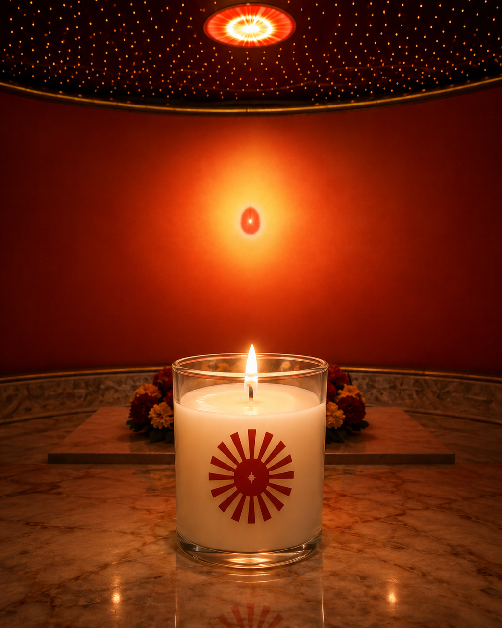 Peace Om Shanti candle lit, close-up view