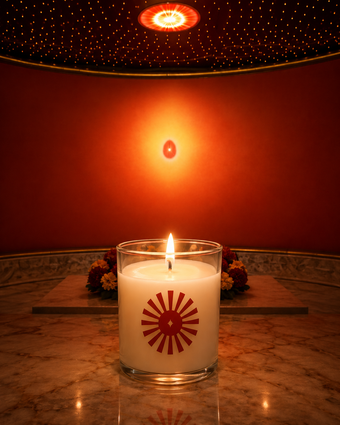 Peace Om Shanti candle lit, close-up view