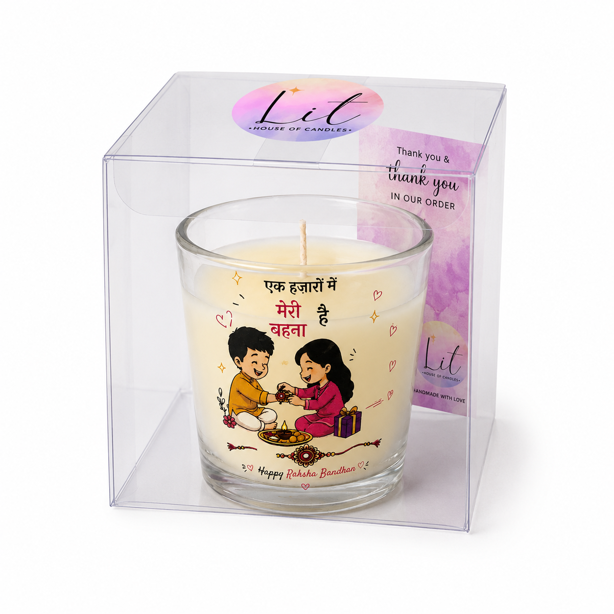 Meri Behna Jar candle in gift-ready packaging with thank-you card