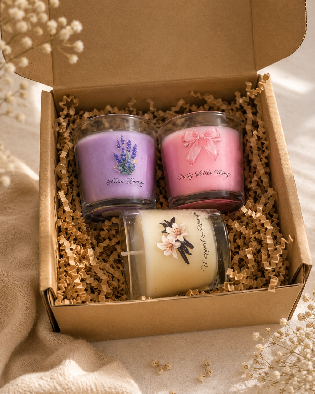 Pastel Trio Gift Set candles nestled in gift box packaging