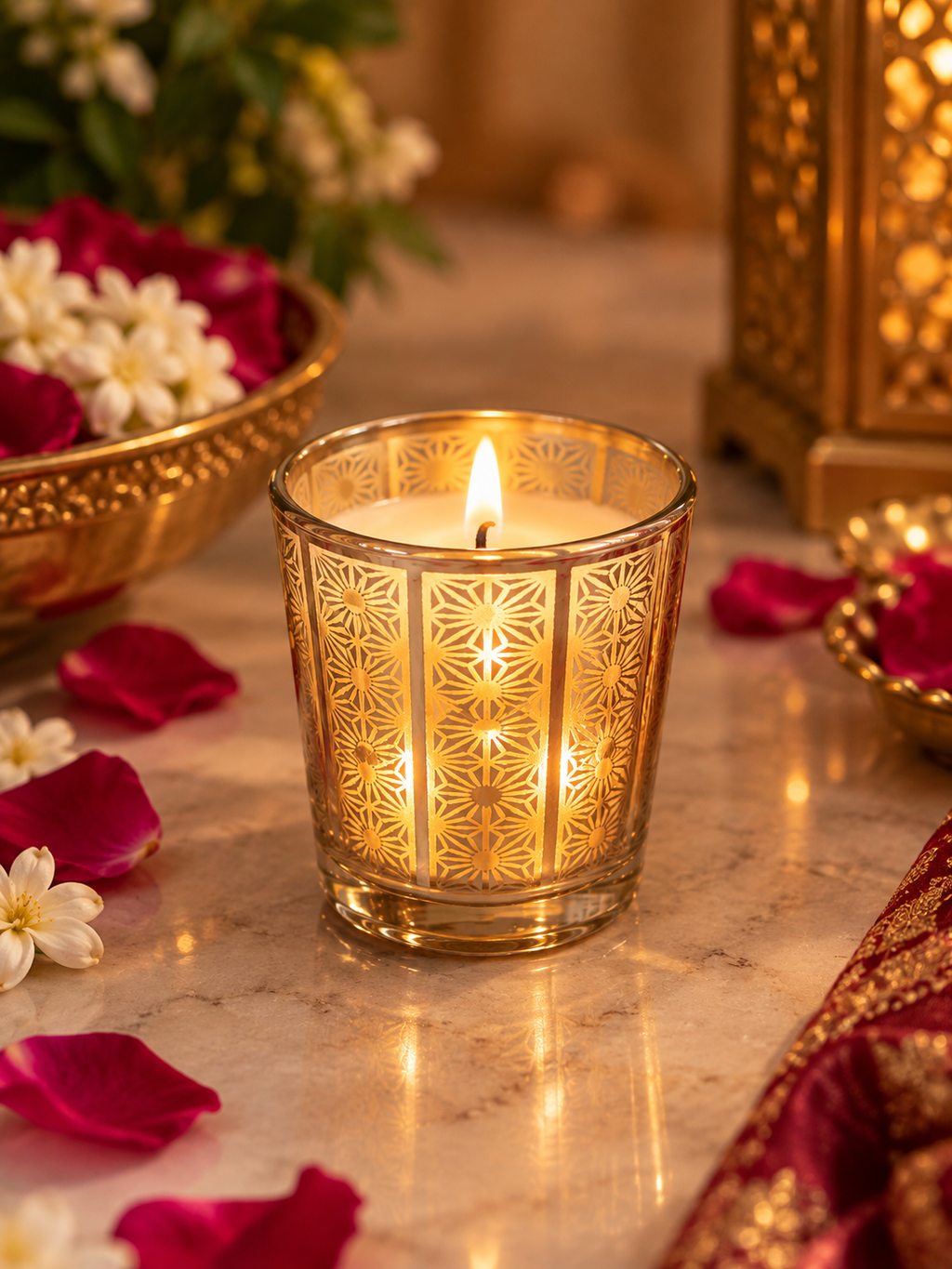 Premium Laser Cut Scented Glass Candle for Festive Decor - Golden Geo Pattern Soy Wax Jar Candle for Home and Gifting