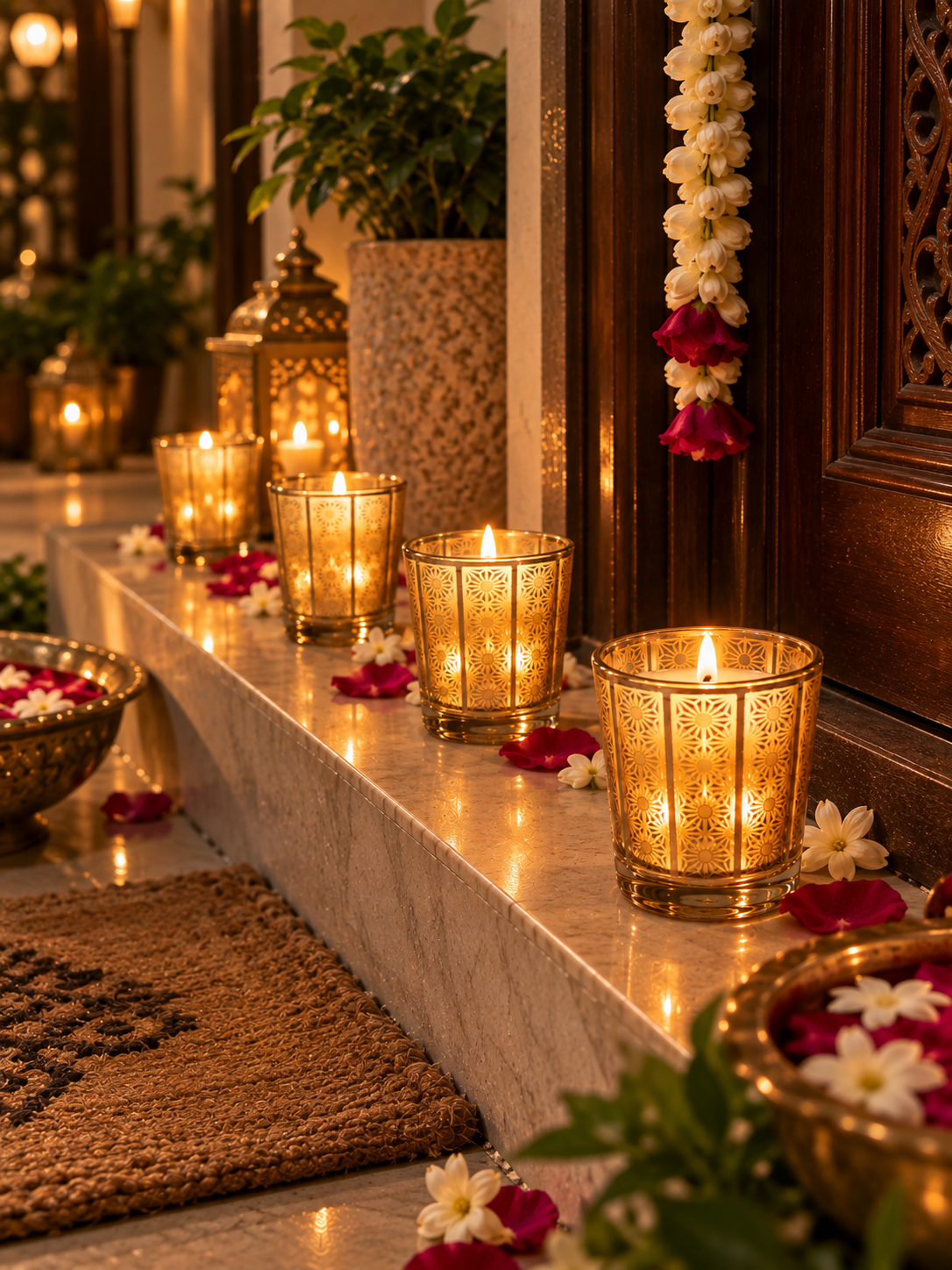 Premium Laser Cut Scented Glass Candle for Festive Decor - Golden Geo Pattern Soy Wax Jar Candle for Home and Gifting