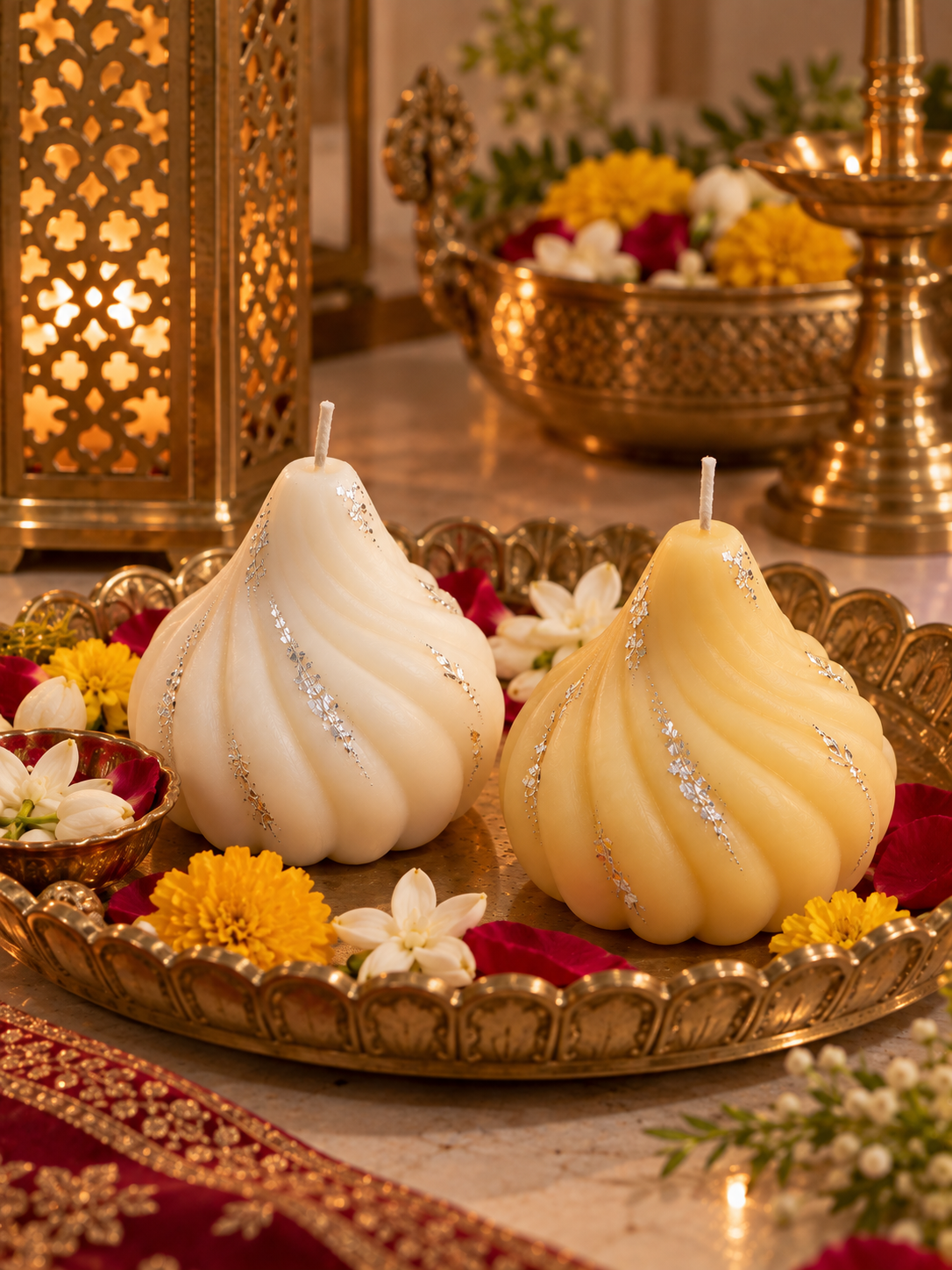 2 Big Modak Scented Soy Wax Candles with Silver Work - 6+ Hours Burn Time for Diwali Puja & Festive Decor