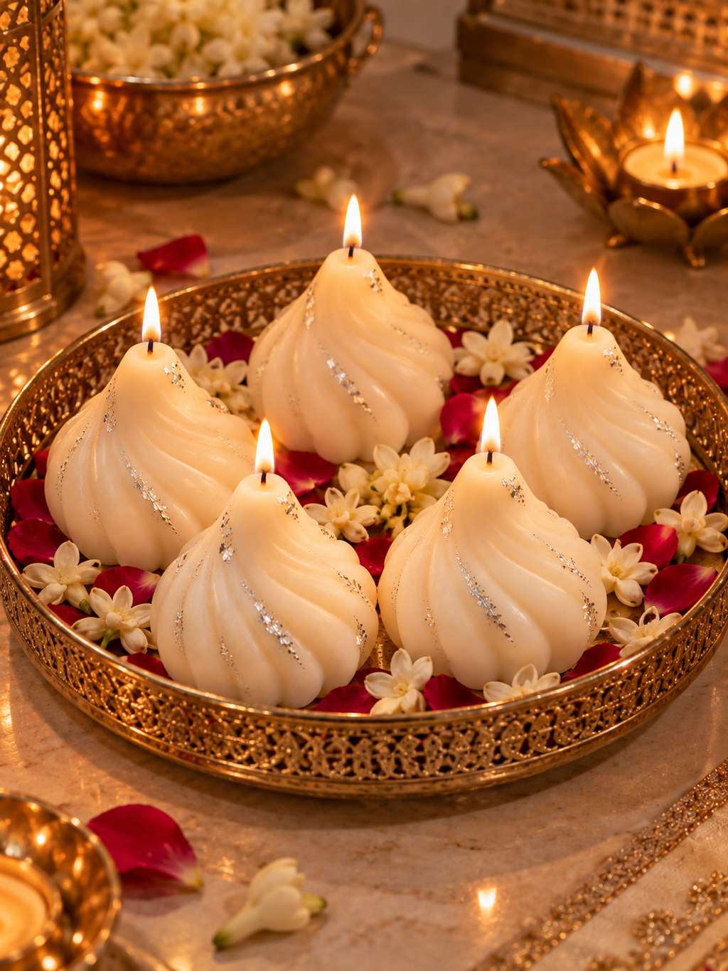 2 Big Modak Scented Soy Wax Candles with Silver Work - 6+ Hours Burn Time for Diwali Puja & Festive Decor
