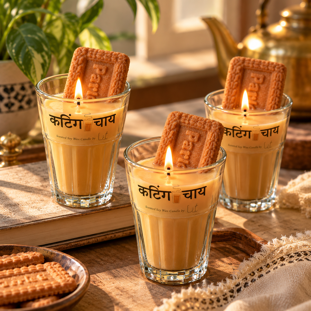 Cutting Chai Scented Soy Wax Candle with Parle-G Biscuit - Authentic Hindi Printed Cutting Chai Glass Candle for Home Decor and Gifting
