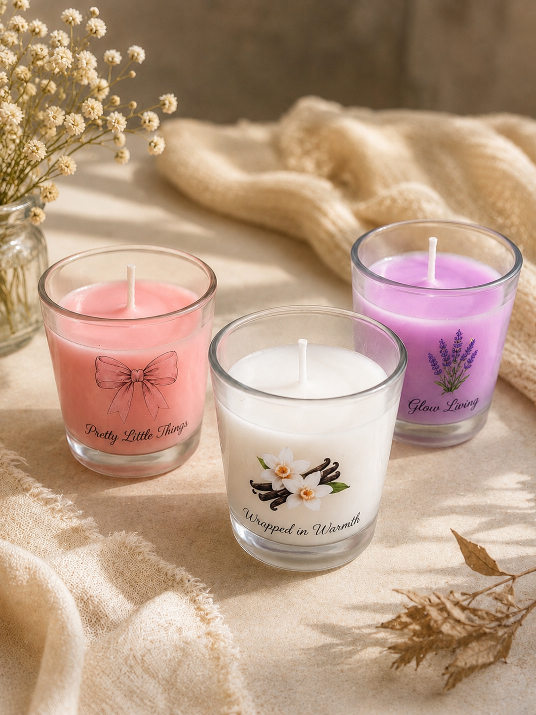 Pastel Trio Gift Set candles in a lifestyle setting