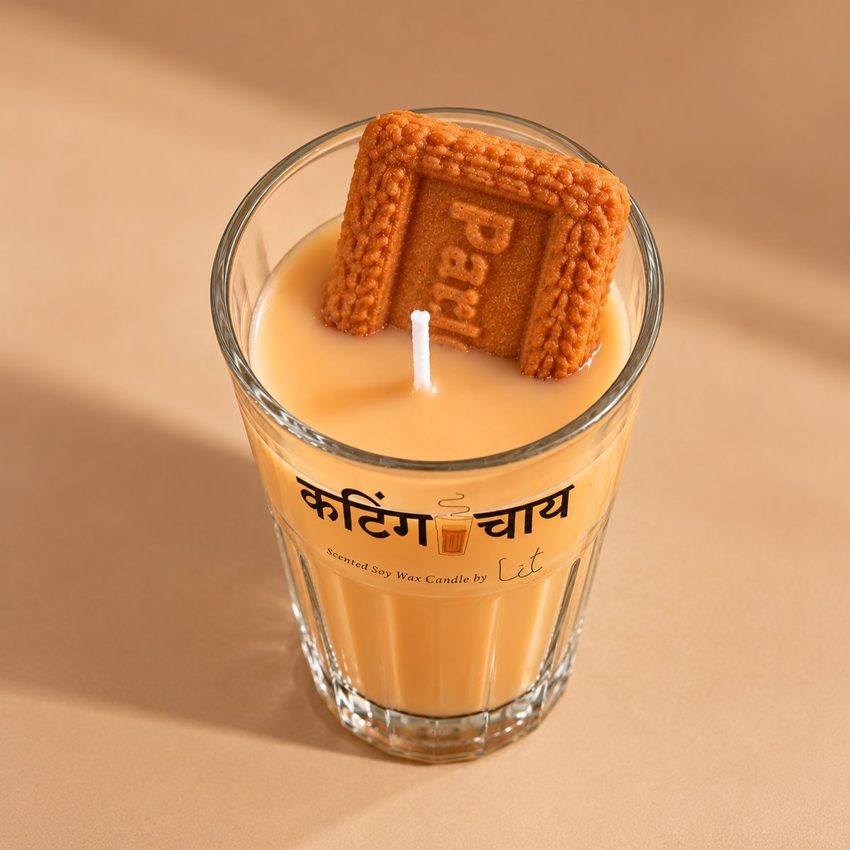Cutting Chai Scented Soy Wax Candle with Parle-G Biscuit - Authentic Hindi Printed Cutting Chai Glass Candle for Home Decor and Gifting