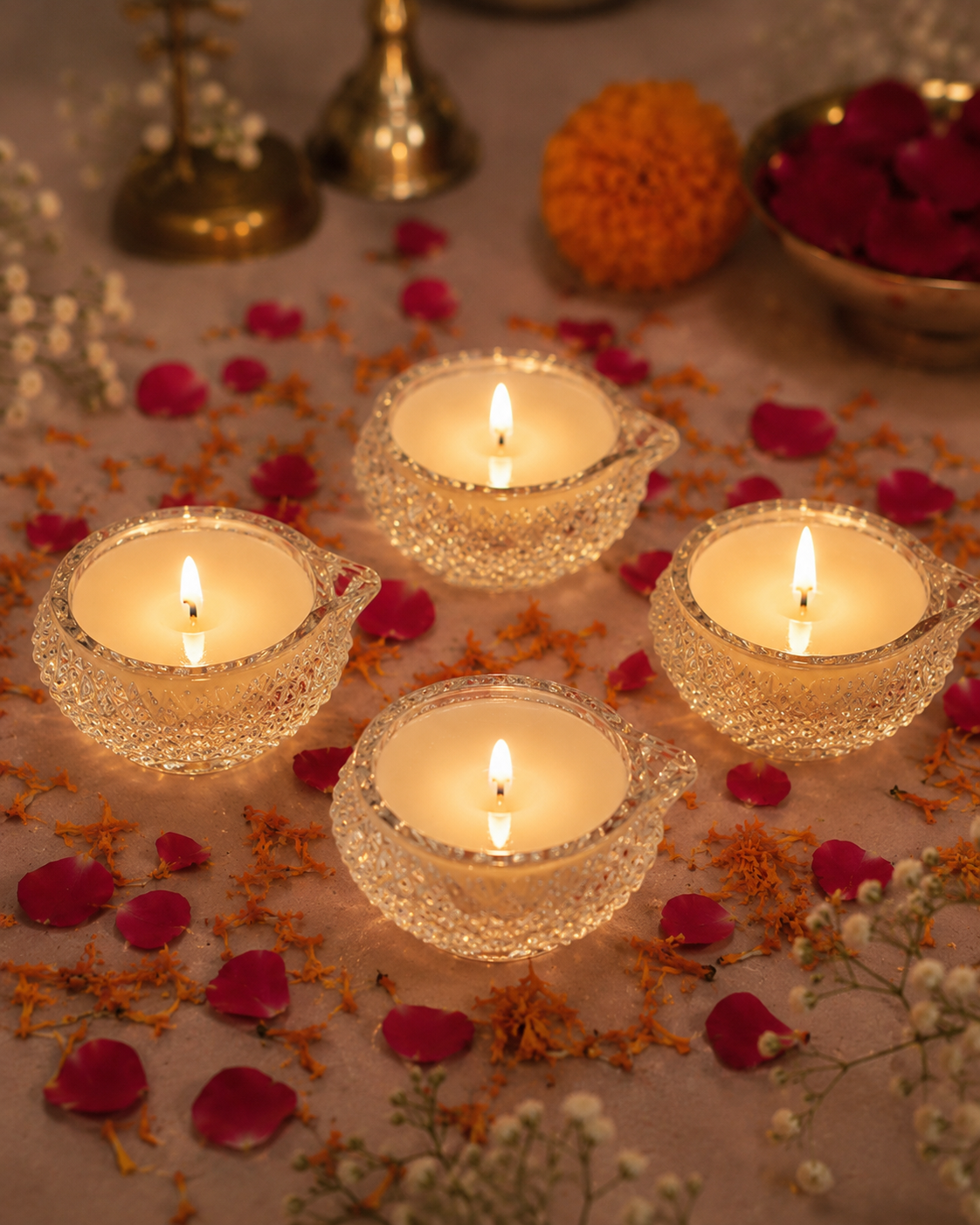 Premium Scented Glass Diya Candle for Festive Decor - Crystal Cut Soy Wax Diya for Puja and Diwali