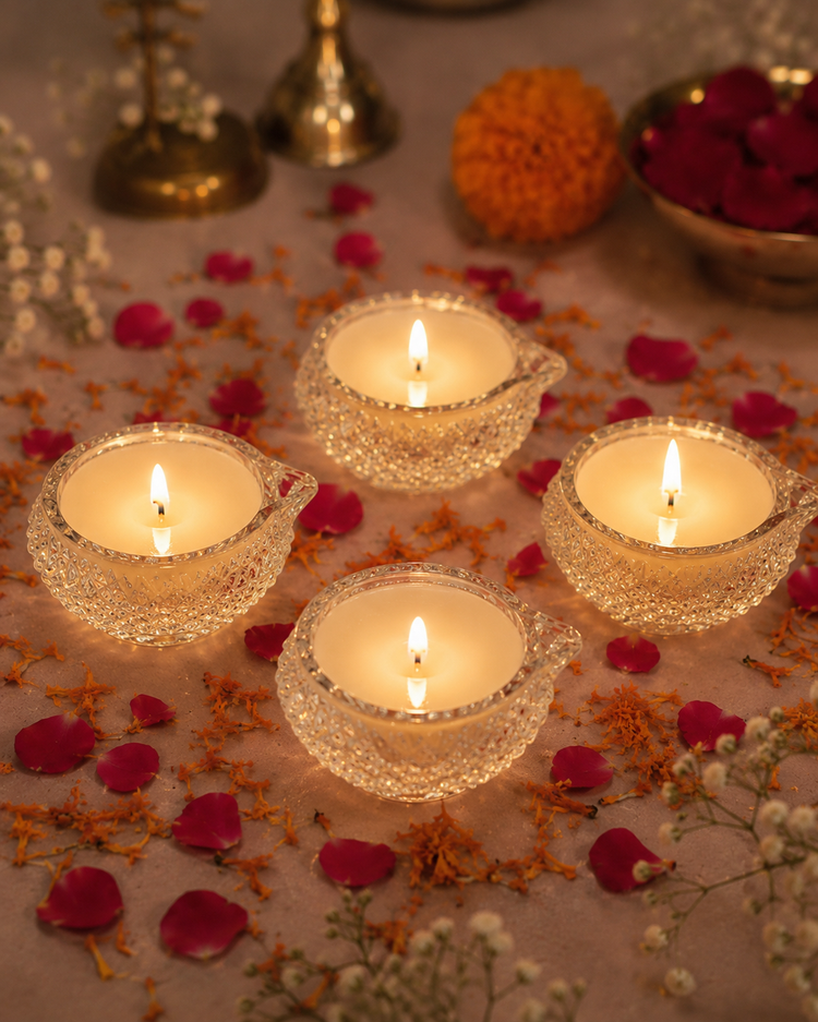 Premium Scented Glass Diya Candle for Festive Decor - Crystal Cut Soy Wax Diya for Puja and Diwali
