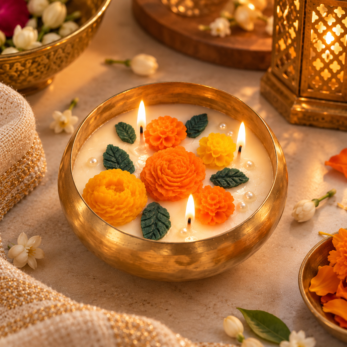 Scented Marigold Urli Candle - 4 Inch Brass Finish Floral Soy Wax Candle for Festive Decor