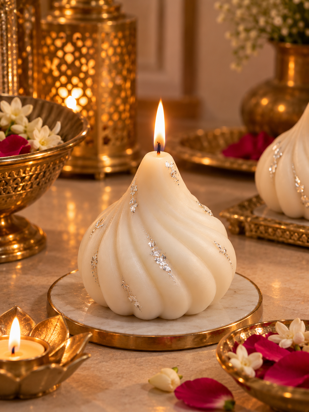 2 Big Modak Scented Soy Wax Candles with Silver Work - 6+ Hours Burn Time for Diwali Puja & Festive Decor
