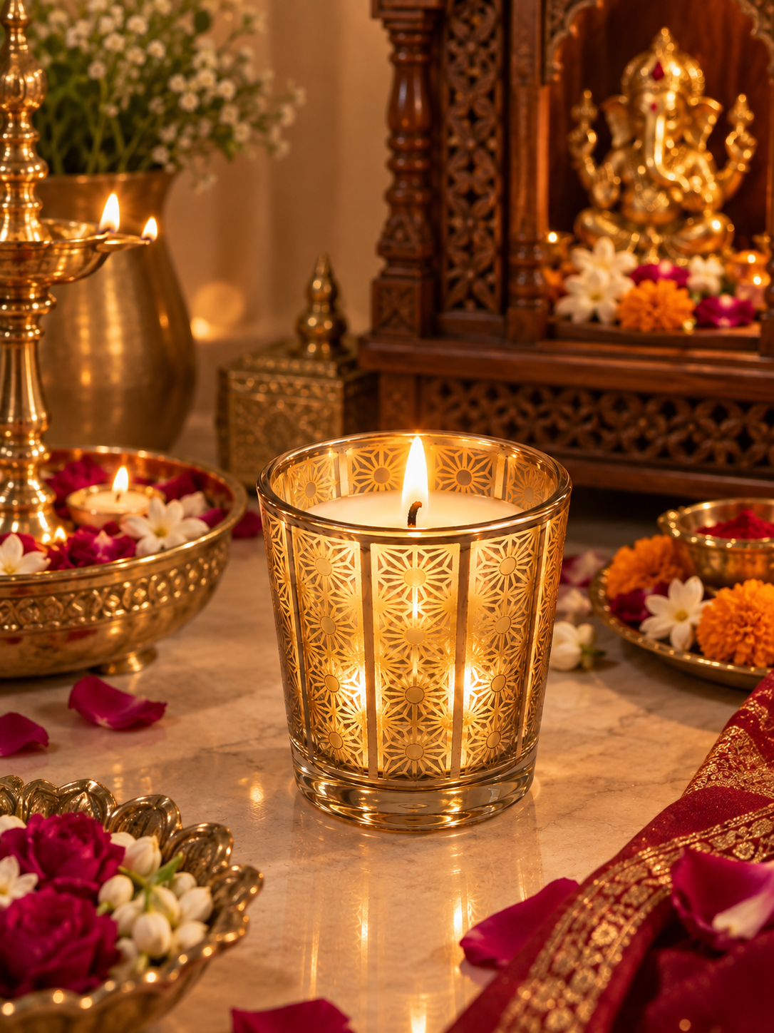 Premium Laser Cut Scented Glass Candle for Festive Decor - Golden Geo Pattern Soy Wax Jar Candle for Home and Gifting