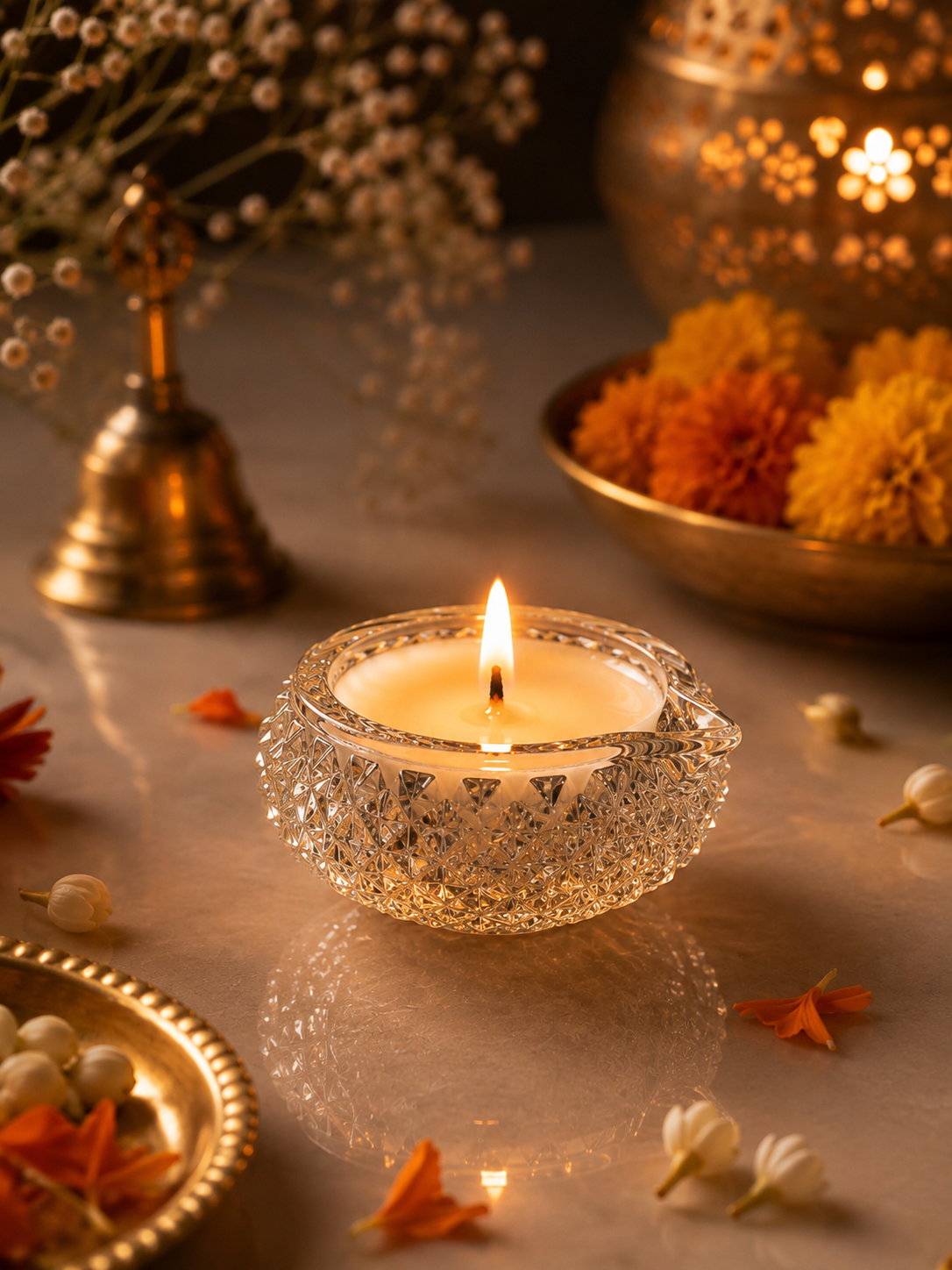 Premium Scented Glass Diya Candle for Festive Decor - Crystal Cut Soy Wax Diya for Puja and Diwali