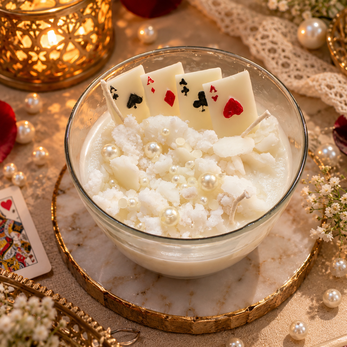 Playing Card Bowl Scented Candle - Handcrafted Soy Wax Casino Theme Glass Bowl Candle with Playing Cards, Wax Shavings, and Pearl Details
