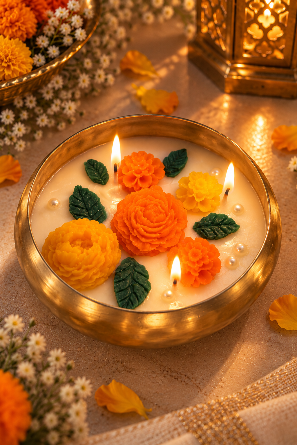 Scented Marigold Urli Candle - 4 Inch Brass Finish Floral Soy Wax Candle for Festive Decor