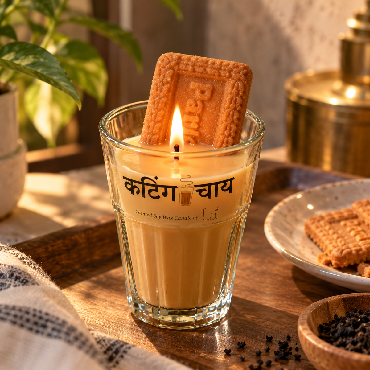 Cutting Chai Scented Soy Wax Candle with Parle-G Biscuit - Authentic Hindi Printed Cutting Chai Glass Candle for Home Decor and Gifting