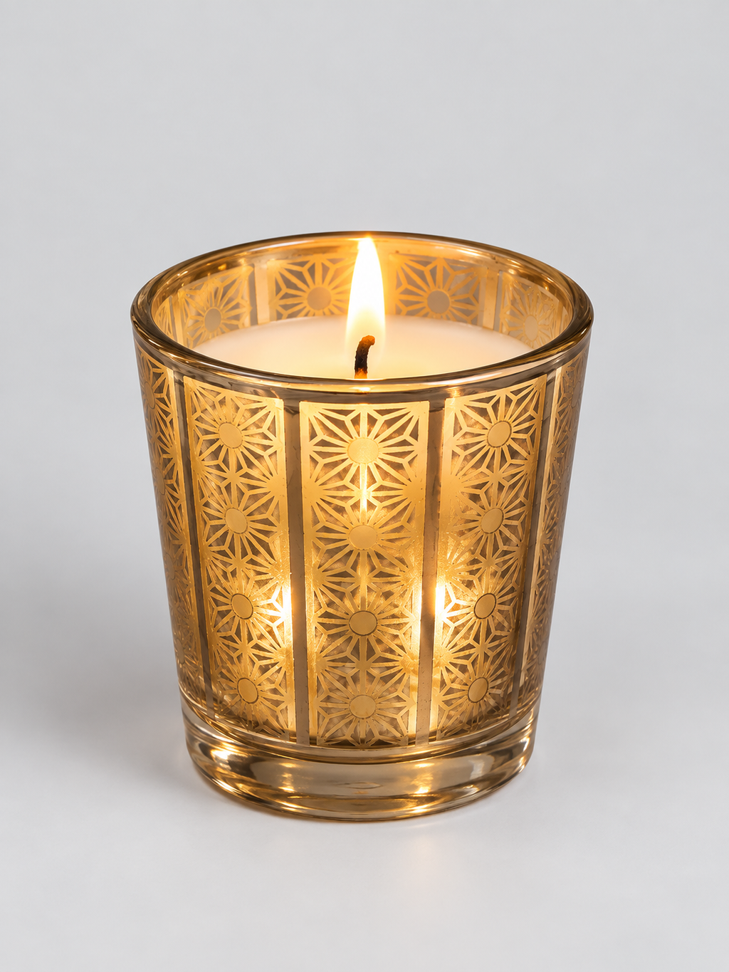 Premium Laser Cut Scented Glass Candle for Festive Decor - Golden Geo Pattern Soy Wax Jar Candle for Home and Gifting