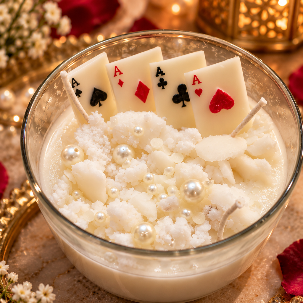 Playing Card Bowl Scented Candle - Handcrafted Soy Wax Casino Theme Glass Bowl Candle with Playing Cards, Wax Shavings, and Pearl Details