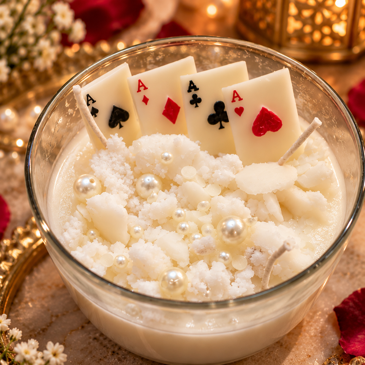 Playing Card Bowl Scented Candle - Handcrafted Soy Wax Casino Theme Glass Bowl Candle with Playing Cards, Wax Shavings, and Pearl Details