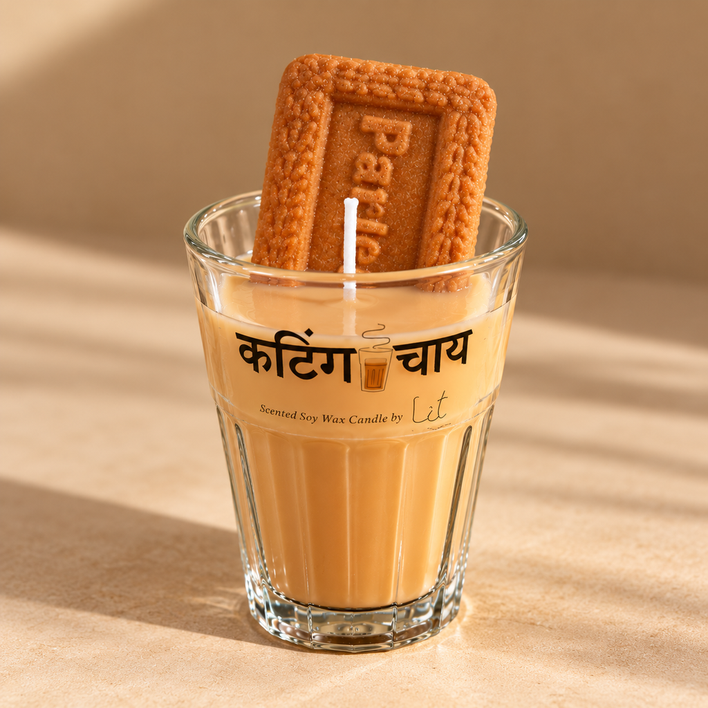 Cutting Chai Scented Soy Wax Candle with Parle-G Biscuit - Authentic Hindi Printed Cutting Chai Glass Candle for Home Decor and Gifting