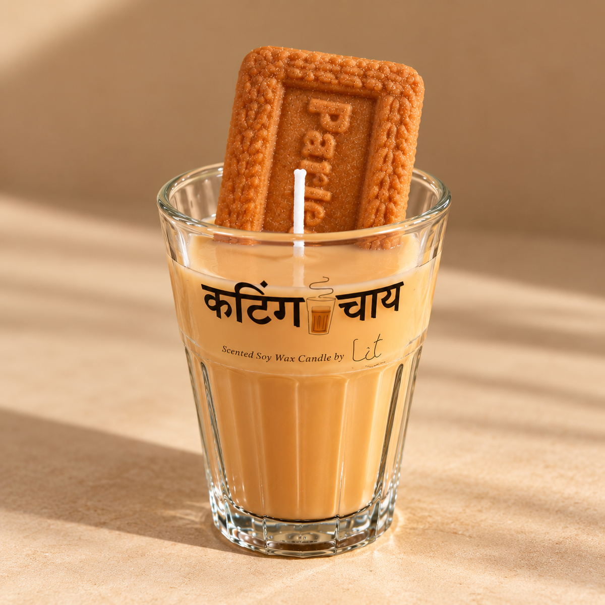 Cutting Chai Scented Soy Wax Candle with Parle-G Biscuit - Authentic Hindi Printed Cutting Chai Glass Candle for Home Decor and Gifting