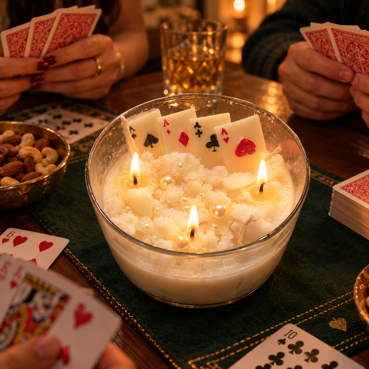 Playing Card Bowl Scented Candle - Handcrafted Soy Wax Casino Theme Glass Bowl Candle with Playing Cards, Wax Shavings, and Pearl Details