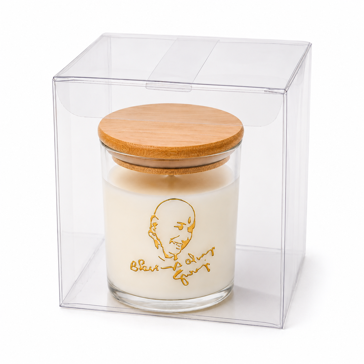 Guruji's Blessing soy wax candle, unlit, on white background