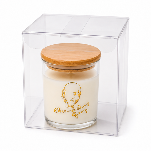 Guruji's Blessing soy wax candle, unlit, on white background
