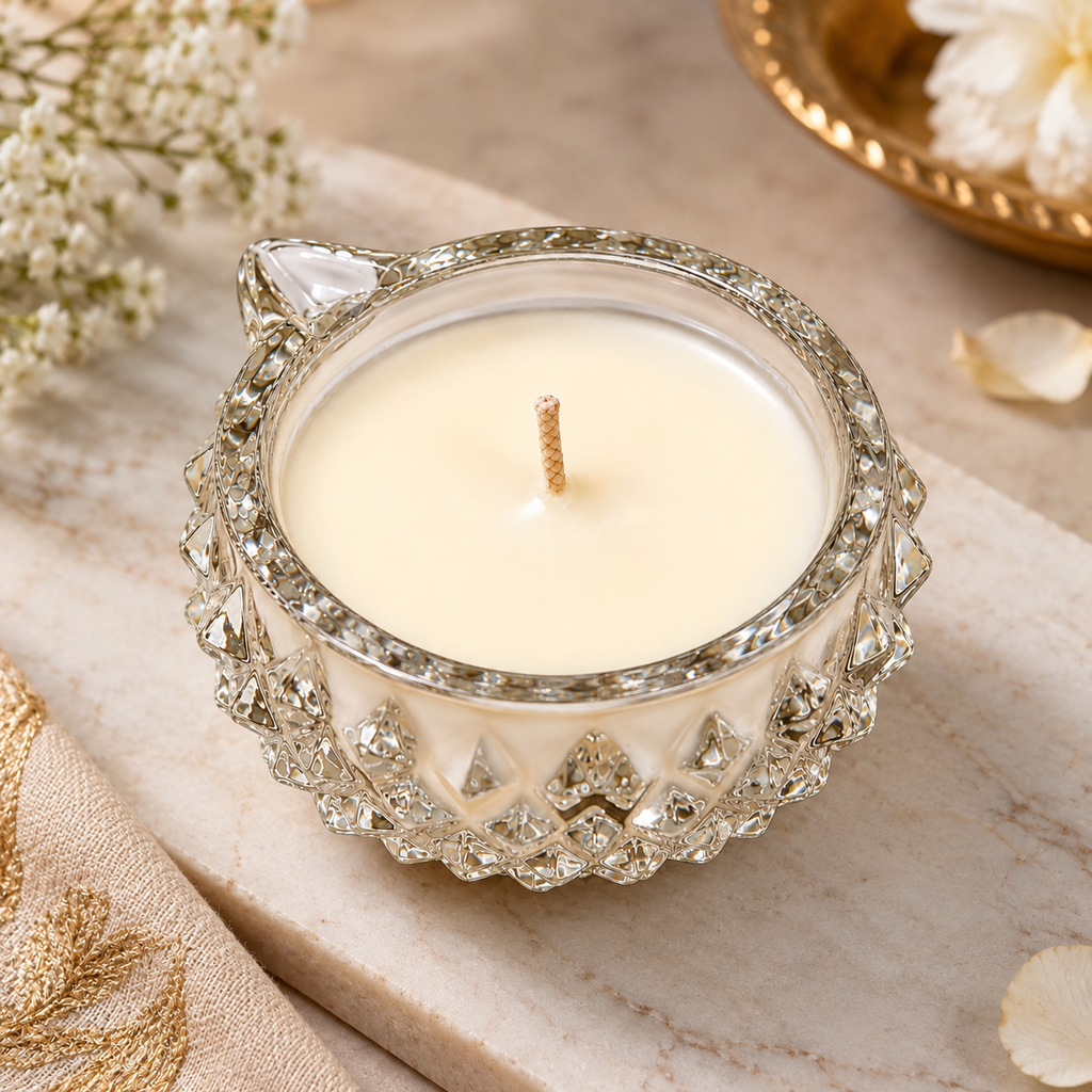 Premium Scented Glass Diya Candle for Festive Decor - Crystal Cut Soy Wax Diya for Puja and Diwali