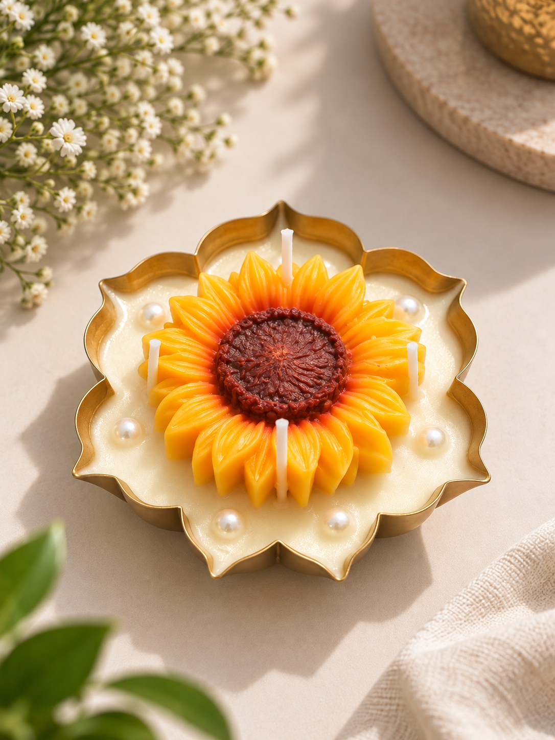 Premium Scented Sunflower Urli Candle for Festive Decor - Multi-Wick Brass Finish Soy Wax Candle (3.5 Inch)
